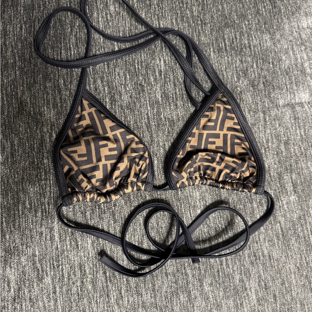 Fendi Zucca Brown Black FF Logo Triangle Bikini Top Size 40 S Small